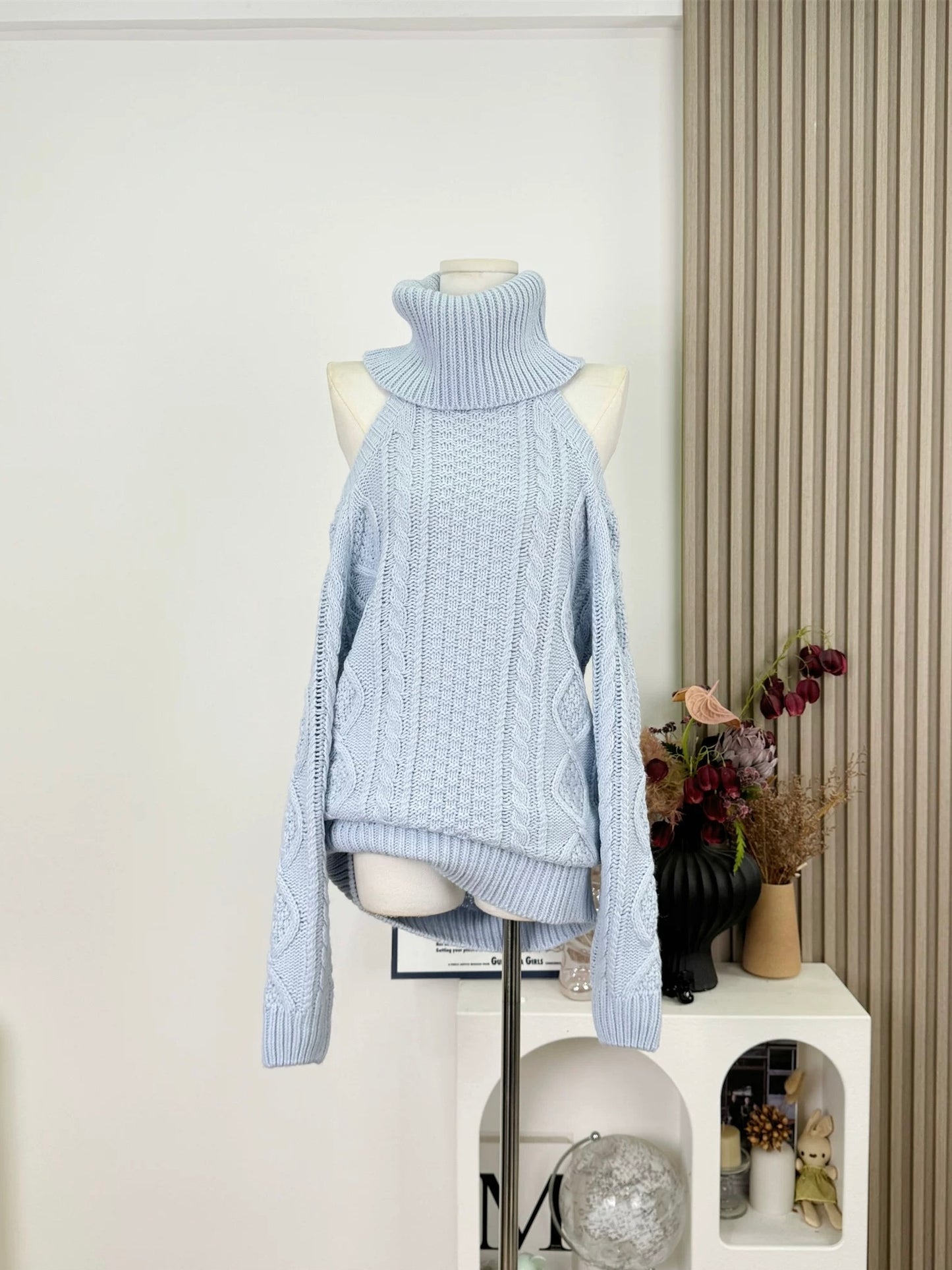 Sky Blue Cable Turtleneck Knit Sweater
