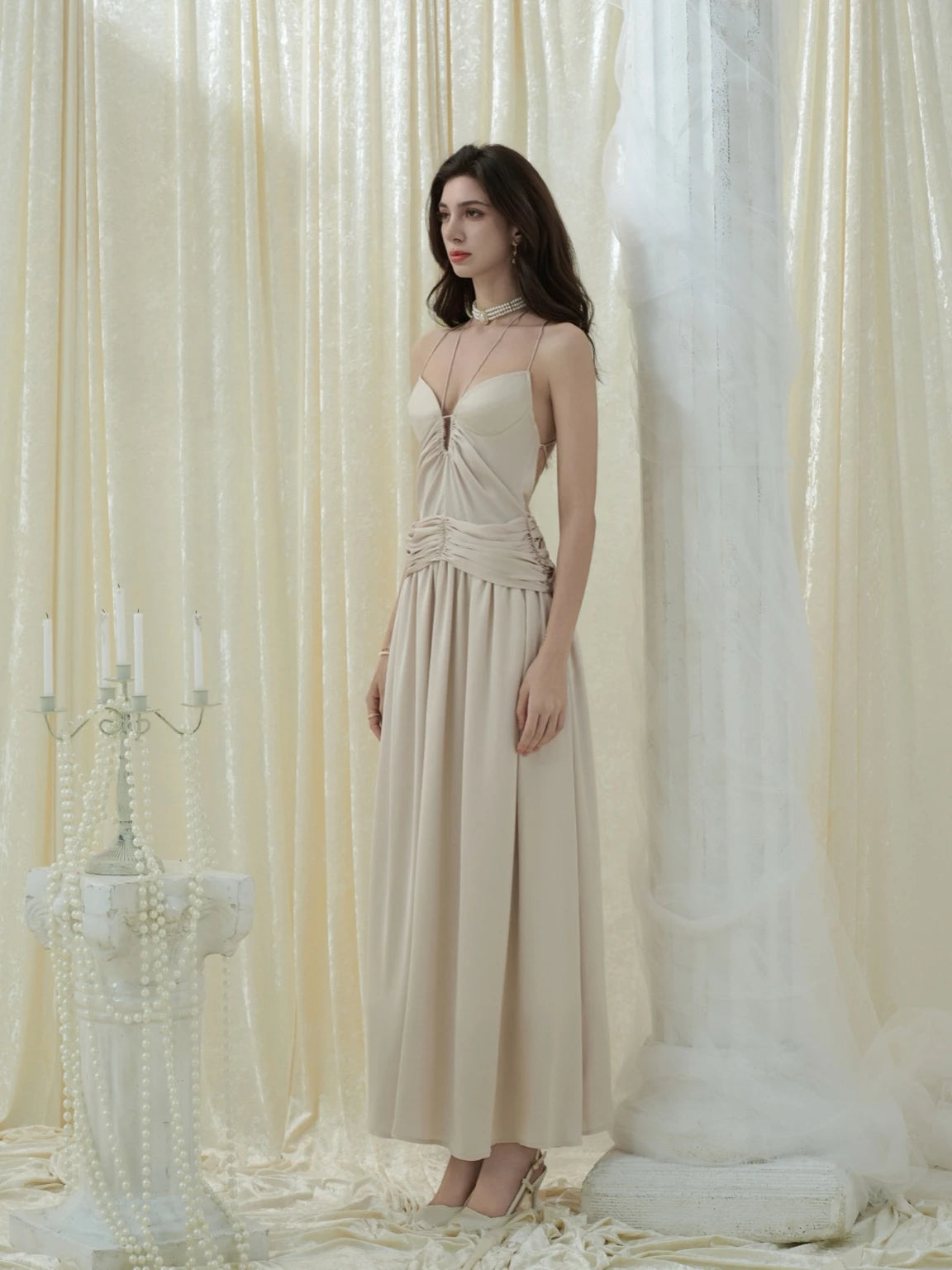 Crow Crew Champagne V-Neck Spaghetti Strap Backless Maxi Dress - PREORDER