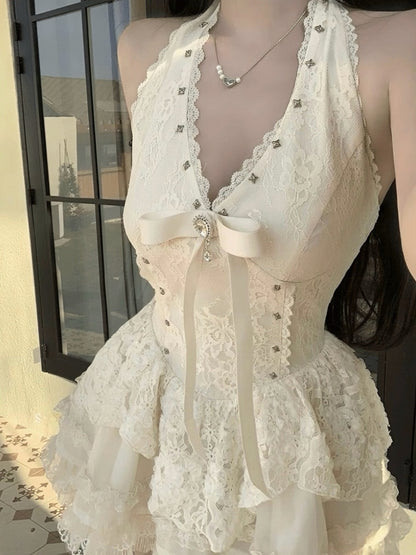 Moonlit Rosette Lace Mini Dress