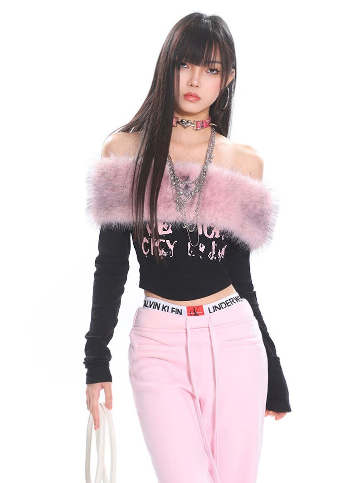 Pink Revolution Off-Shoulder Top With Detachable Faux Fur