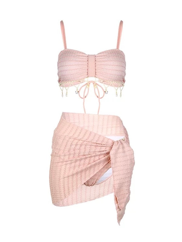 Blush Textured Fringe Three-Piece Bikini Set