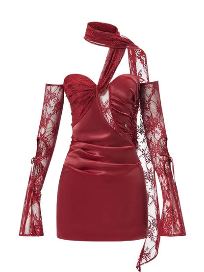 Monaco Satin Lace Ribbon Sleeve Mini Dress