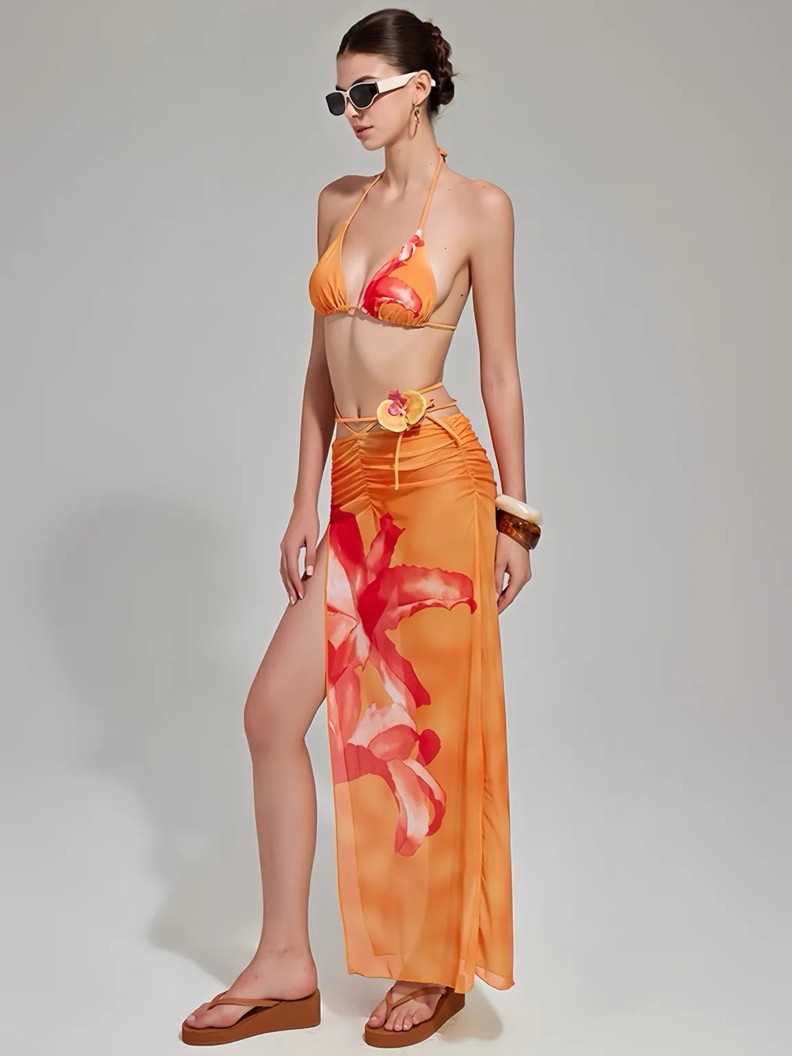 Orange Floral Print Bikini Set with Skirt - 3 Piece Bikini Set