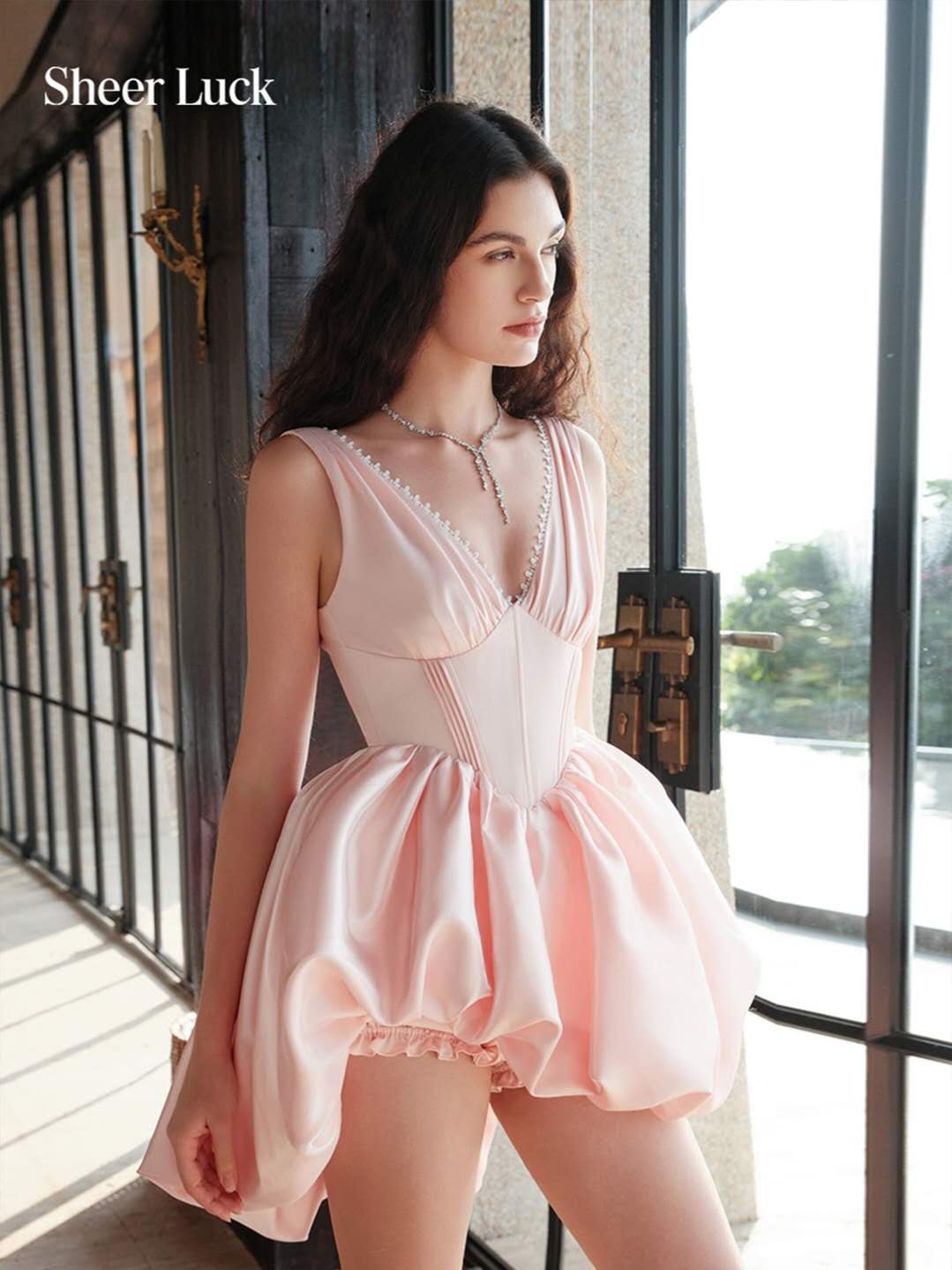 SHEER LUCK Bolla French V-Neck Puffy Mini Dress
