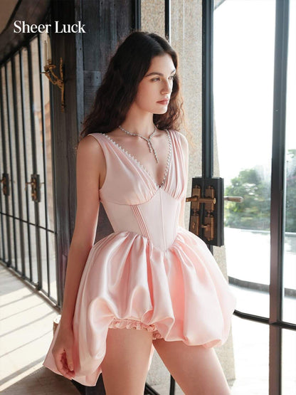 SHEER LUCK Bolla French V-Neck Puffy Mini Dress