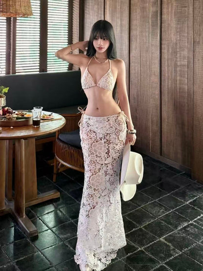 Ivory Lace Resort Set - 3 Piece Bikini Set with Pearl Waist Chain