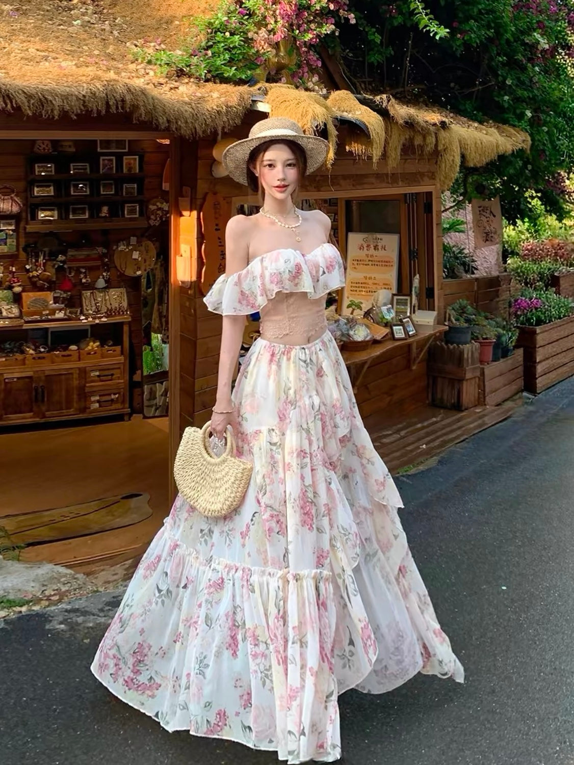 Blooming Sonata Off-Shoulder Ruffle Top & Split Maxi Skirt Set