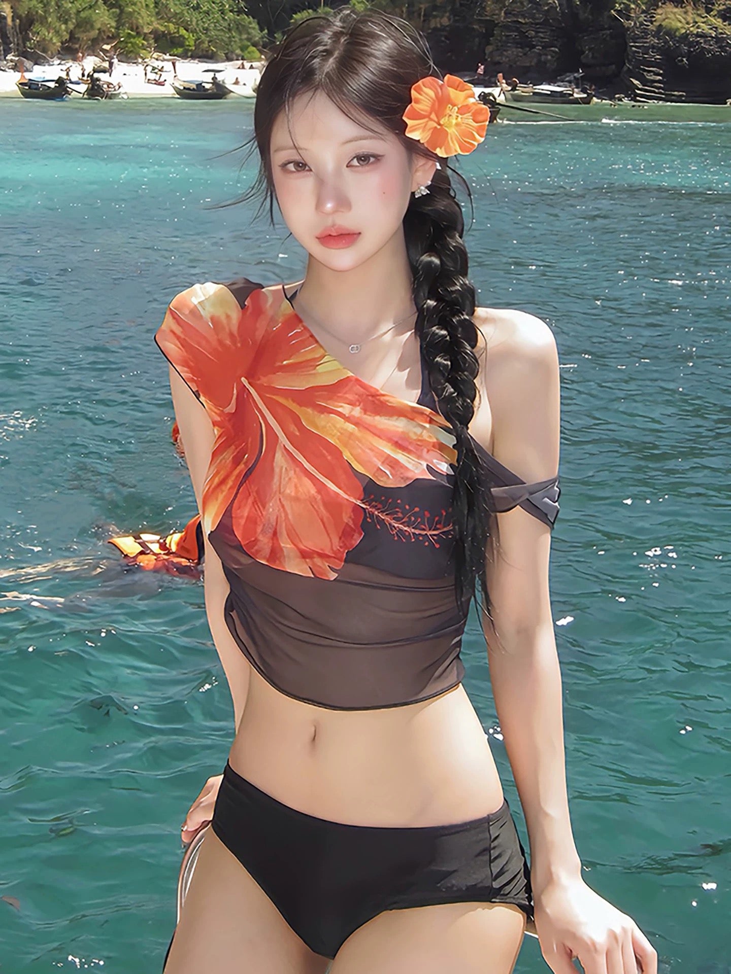 Sunset Hibiscus Three-Piece Bikini Set