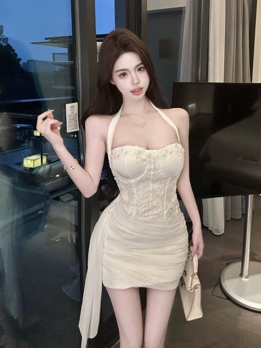 Padded Floral Embroidered White Mini Dress