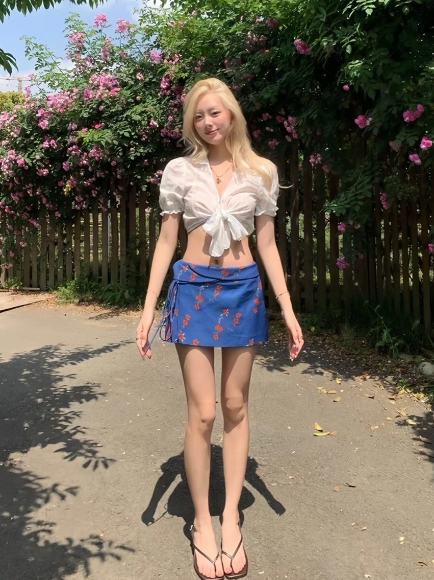 Klein Blue Blossom Triangle Bikini Set with Mini Skirt and Top