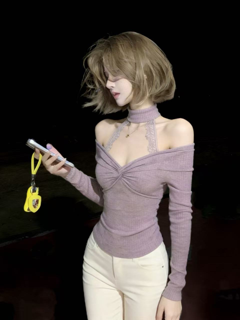 Lavender Off-Shoulder Twist Top with Lace Halter Detail