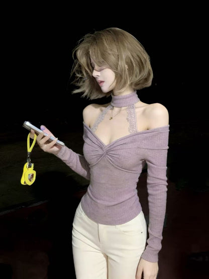 Lavender Off-Shoulder Twist Top with Lace Halter Detail