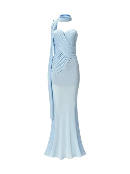 Kira Mesh Ruched Asymmetrical Mermaid Maxi Dress