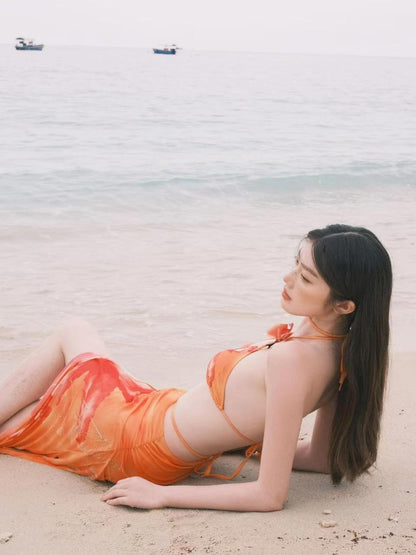 Orange Floral Print Bikini Set with Skirt - 3 Piece Bikini Set