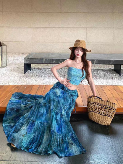 Azure Tide Bandeau Top & Maxi Skirt Set