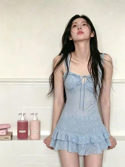 Lilibelle Blue Lace Ruffle Swimsuit Set