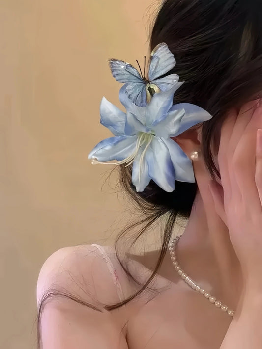 Blue Floral Butterfly Hair Clip