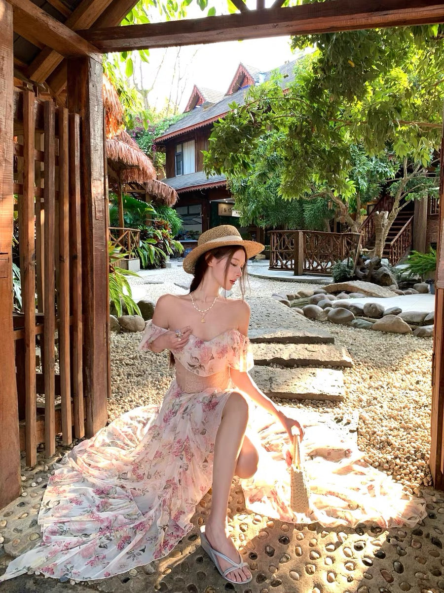 Blooming Sonata Off-Shoulder Ruffle Top & Split Maxi Skirt Set