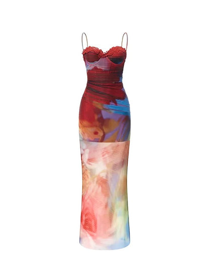 Floral Mesh Ombre Corset Maxi Dress