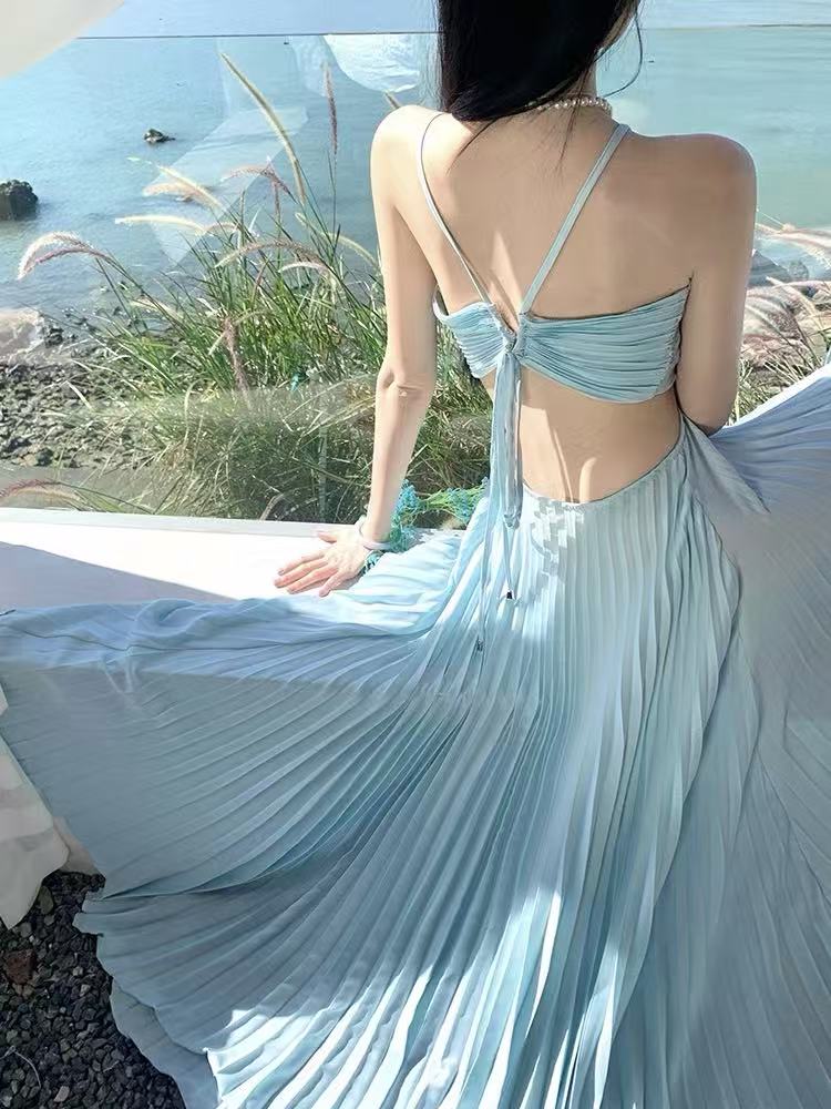 Baby Blue Cut-Out Pleated Maxi Dress