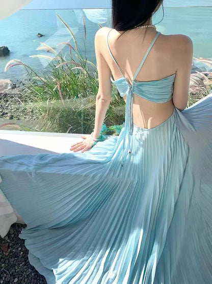 Baby Blue Cut-Out Pleated Maxi Dress