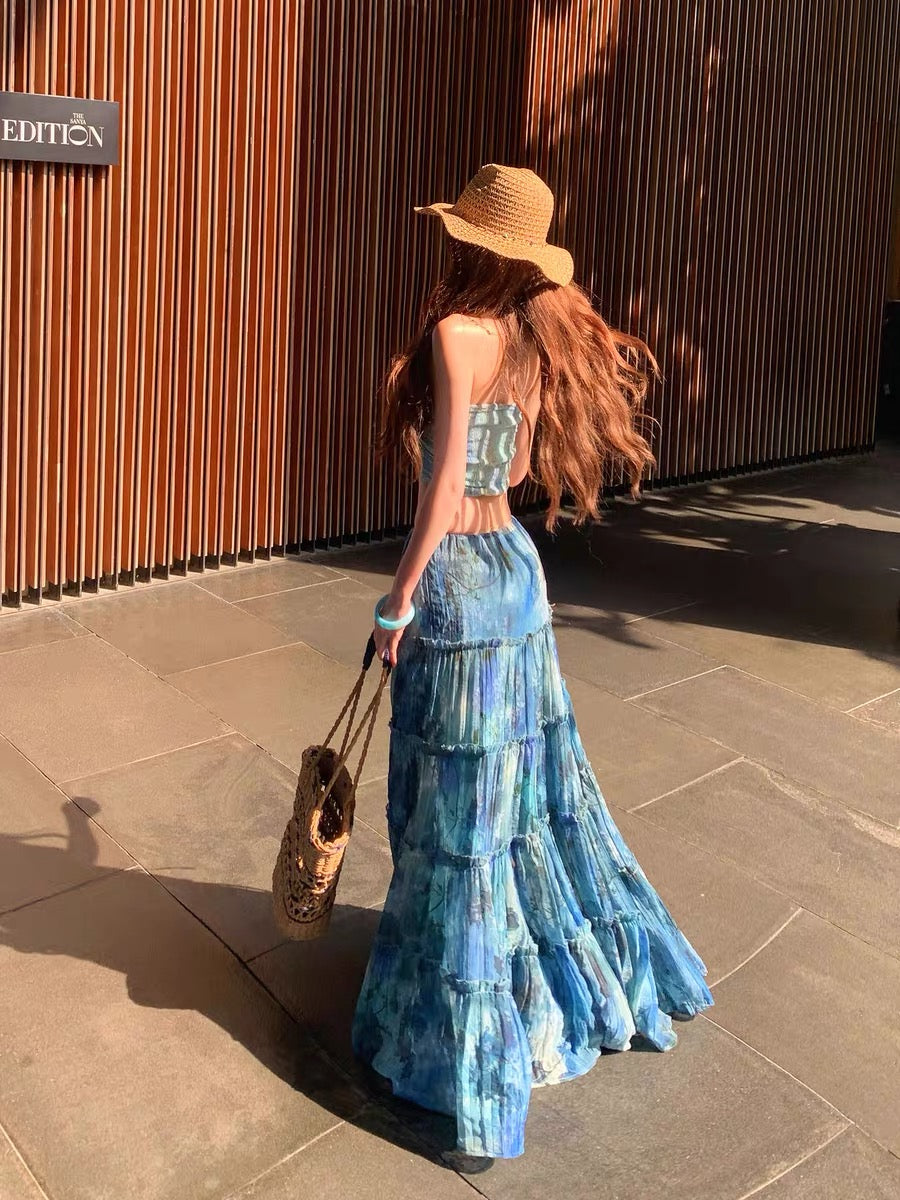 Azure Tide Bandeau Top & Maxi Skirt Set