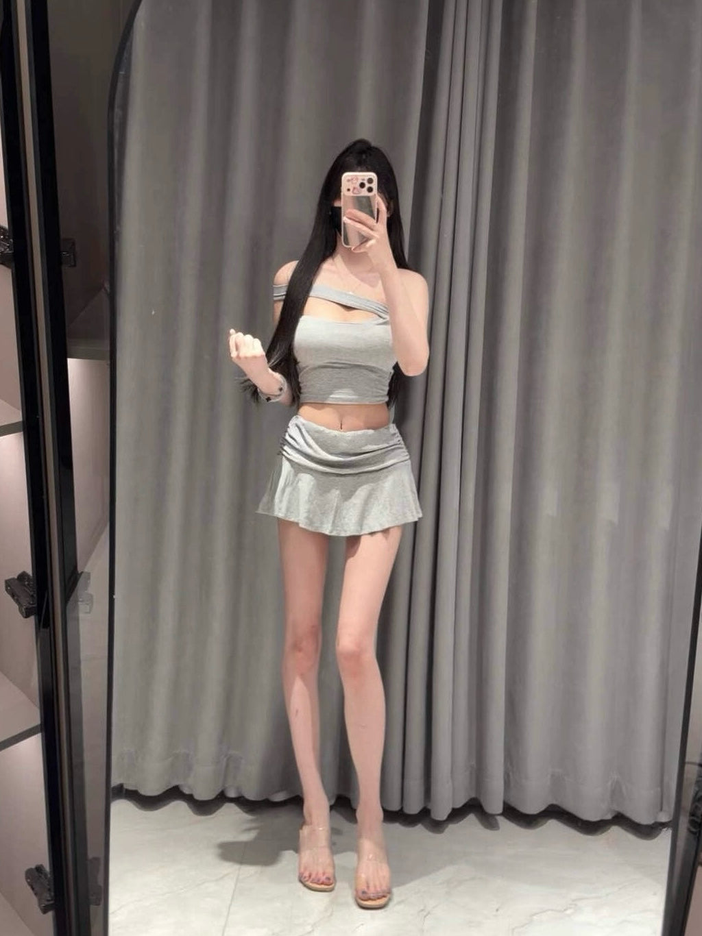 Mila Grey Cut-Out Top & Mini Skirt Set