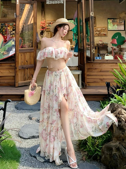 Blooming Sonata Off-Shoulder Ruffle Top & Split Maxi Skirt Set