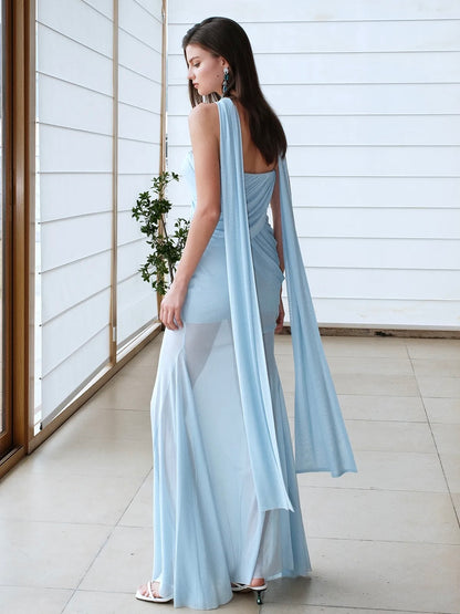 Kira Mesh Ruched Asymmetrical Mermaid Maxi Dress