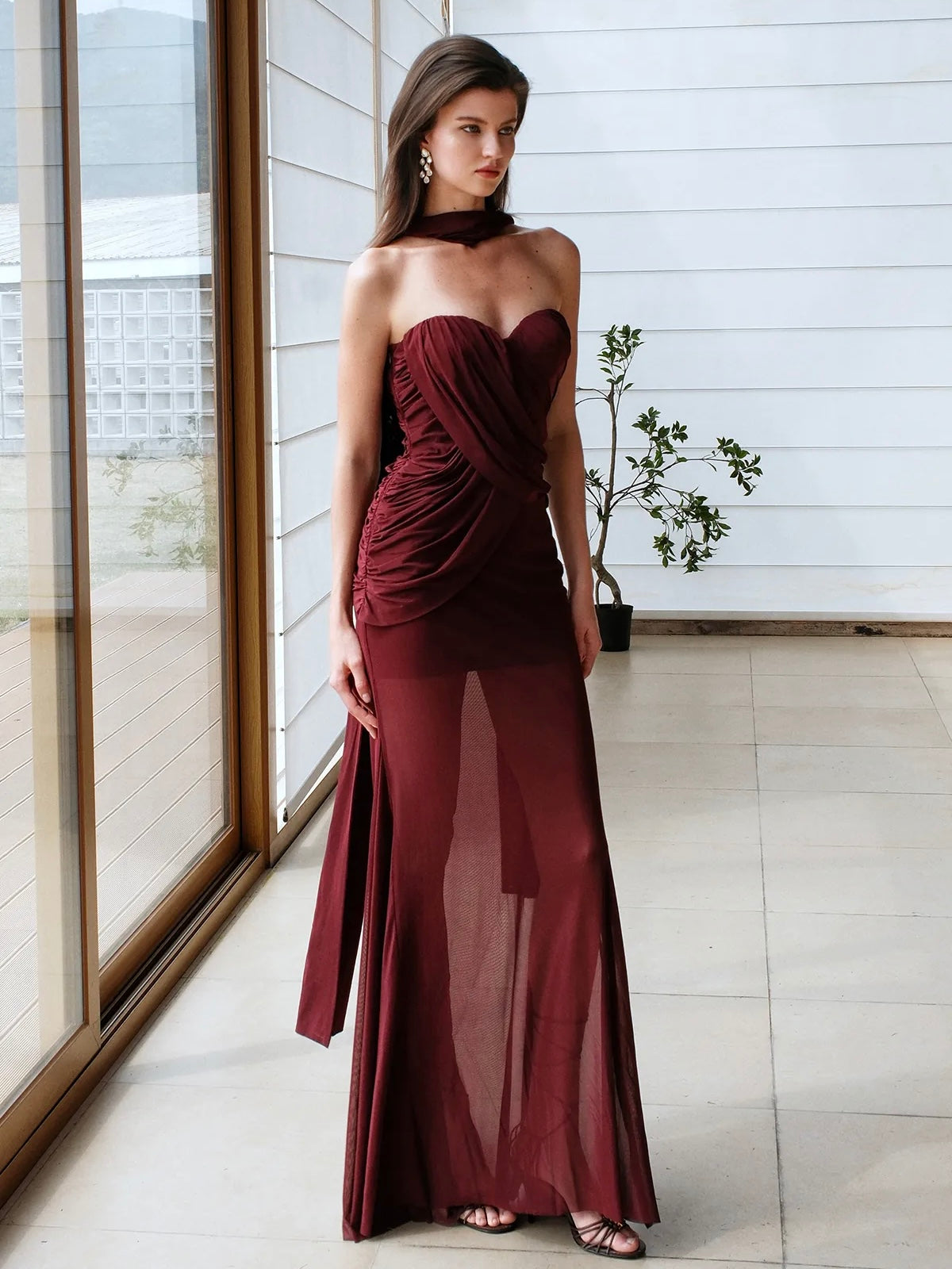 Kira Mesh Ruched Asymmetrical Mermaid Maxi Dress