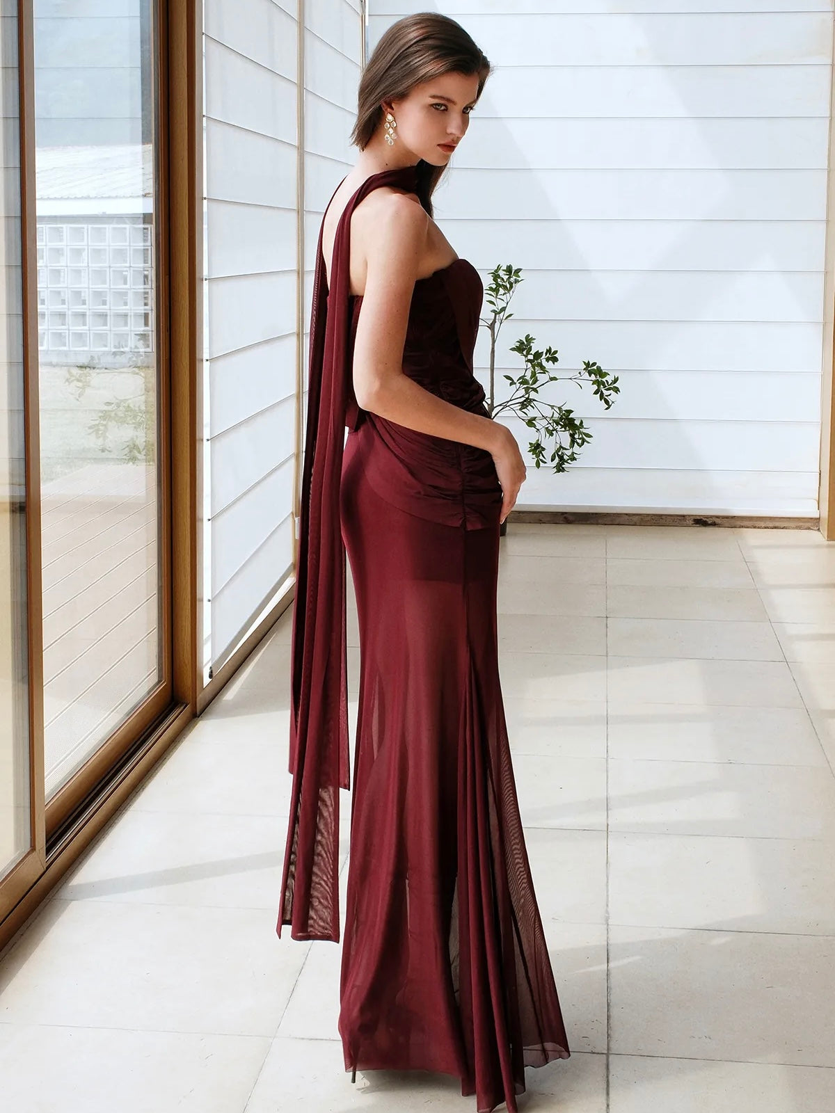 Kira Mesh Ruched Asymmetrical Mermaid Maxi Dress