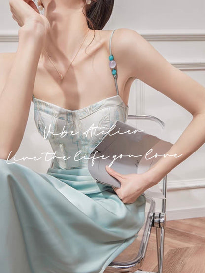 Mint Blue Embroidery Corset Maxi Dress With Built-In Padding