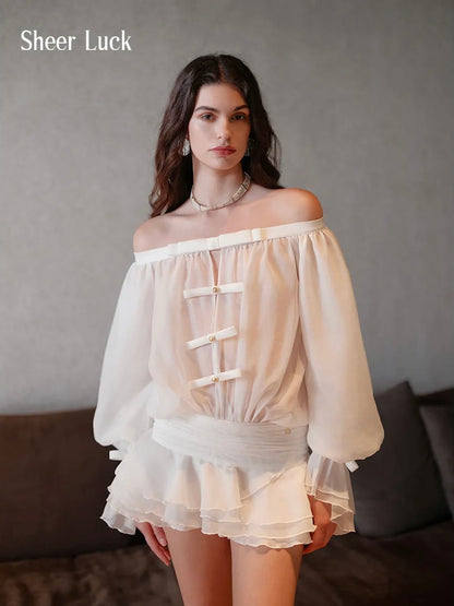 See Thru Off Shoulder Puff Sleeve Dress