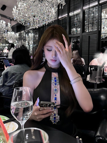 Midnight Fairytale Mini Dress with Blue Diamanté Gold Body Chain