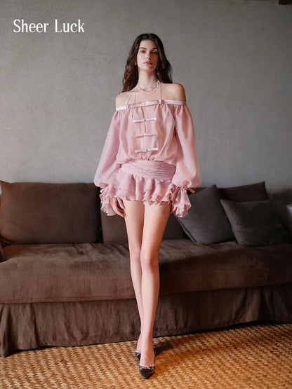 See Thru Off Shoulder Puff Sleeve Dress