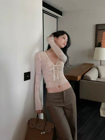 Ivory Lace Bow Sheer Top