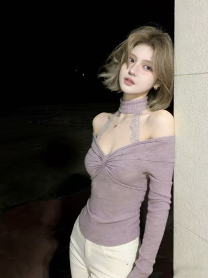 Lavender Off-Shoulder Twist Top with Lace Halter Detail