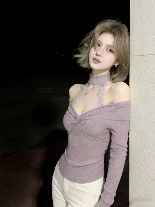 Lavender Off-Shoulder Twist Top with Lace Halter Detail