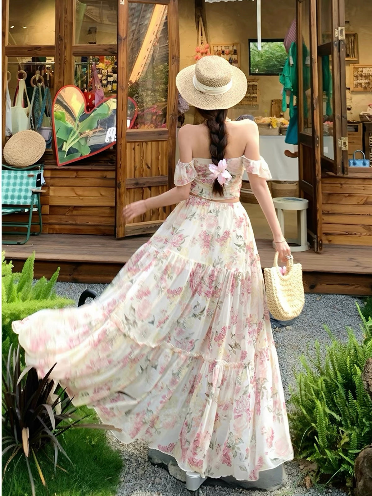 Blooming Sonata Off-Shoulder Ruffle Top & Split Maxi Skirt Set