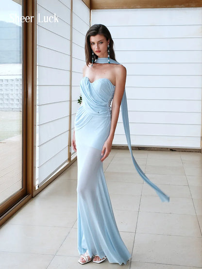 Kira Mesh Ruched Asymmetrical Mermaid Maxi Dress