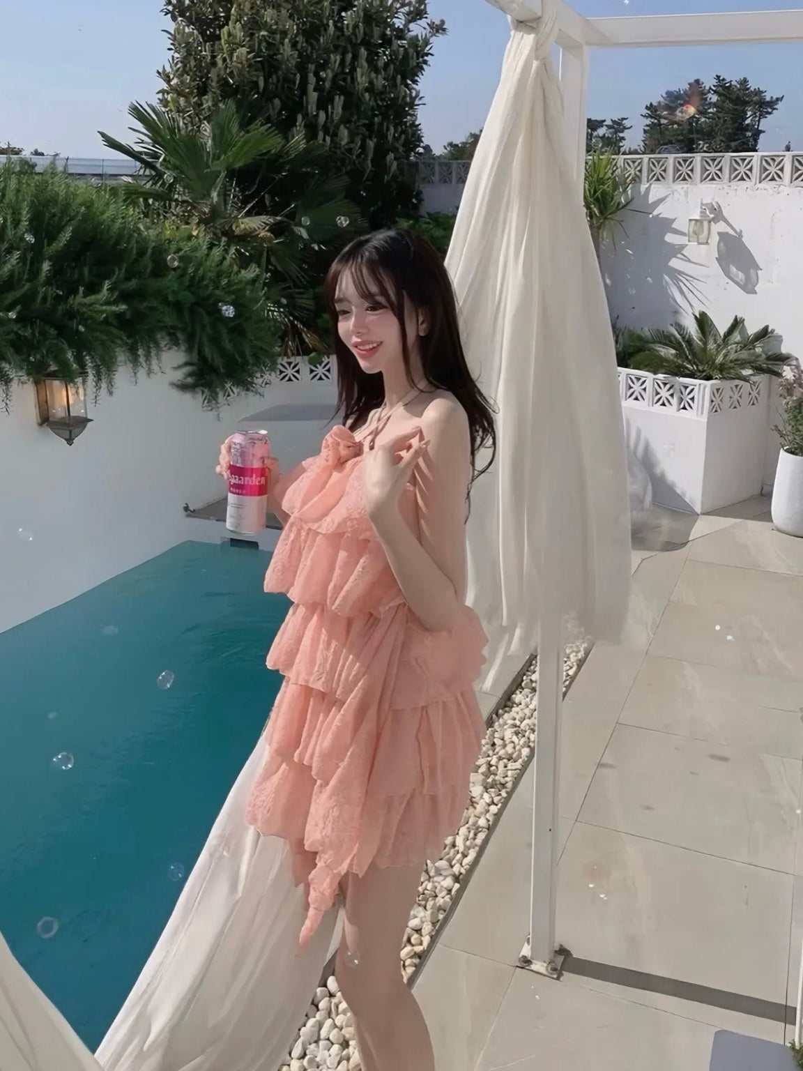 Misty Pink Floral Layered Ruffle Swim Dress