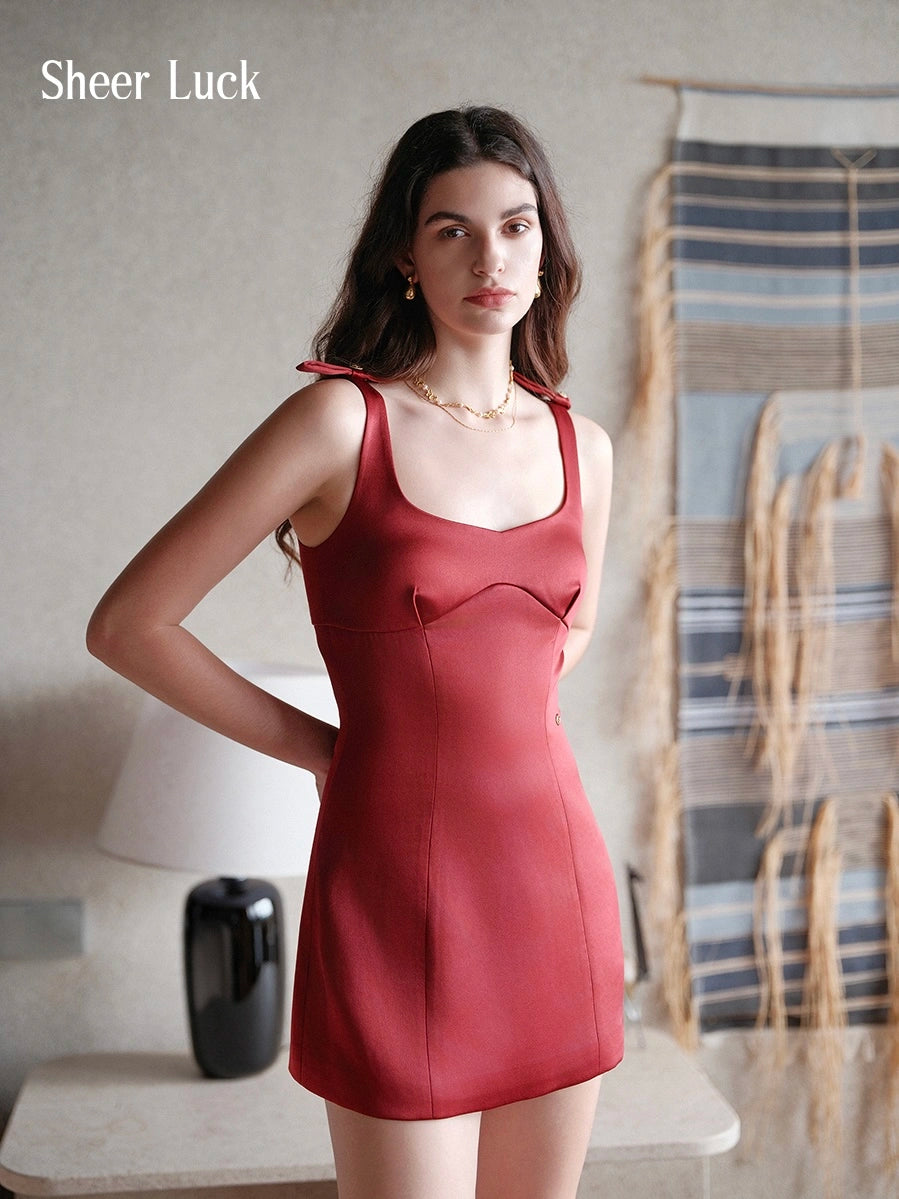 Pebble French Bow Spaghetti Strap Mini Dress