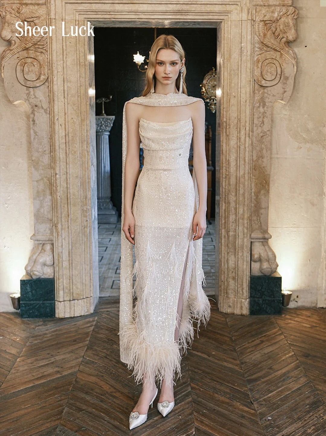【宋轶同款】Diamond Ostrich Feather Sequin Strapless Cowl Neck Maxi Gown