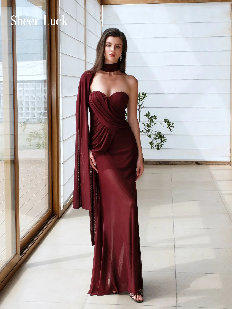 Kira Mesh Ruched Asymmetrical Mermaid Maxi Dress