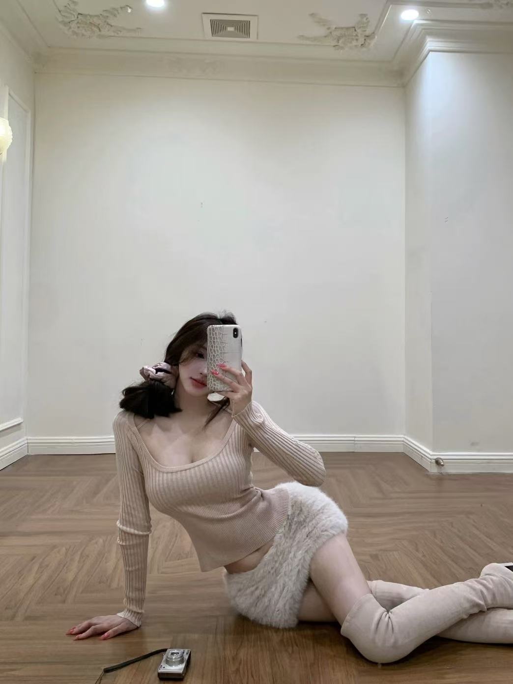 Soft Blush Knit Top and Faux Fur Skirt