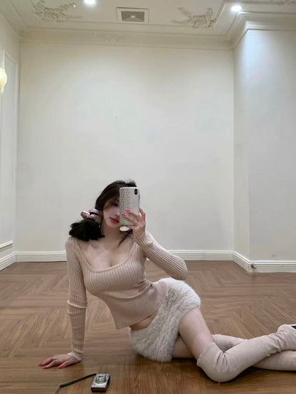 Soft Blush Knit Top and Faux Fur Skirt