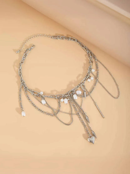 Multi-Layered Faux Pearl Heart Choker Necklace