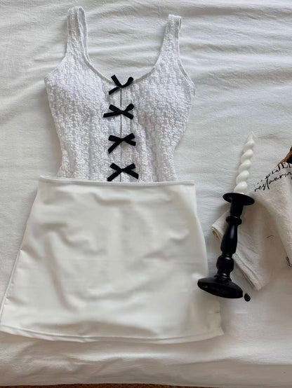 Bowknot Lace Textured Swimsuit with Skirt