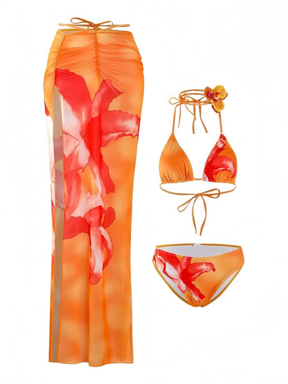 Orange Floral Print Bikini Set with Skirt - 3 Piece Bikini Set