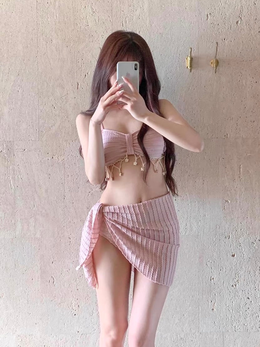 Blush Textured Fringe Three-Piece Bikini Set